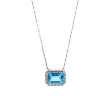 Λευκόχρυσο Κολιέ 18Κ με διαμάντια και Μπλε Τοπάζιο σε Σχήμα Τετράγωνο 