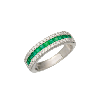 Λευκόχρυσο Δαχτυλίδι 18Κ με Διαμάντια και Σμαράγδια σε Χρώμα Πράσινο