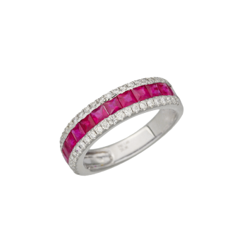 Λευκόχρυσο Δαχτυλίδι 18Κ με Διαμάντια και Ρουμπίνια σε Χρώμα Ροζ 