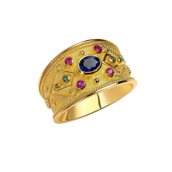 Βυζαντινό Δαχτυλίδι σε Χρυσό Κ14  με Ζαφείρι/Ρουμπίνι Τσαβορίτη
